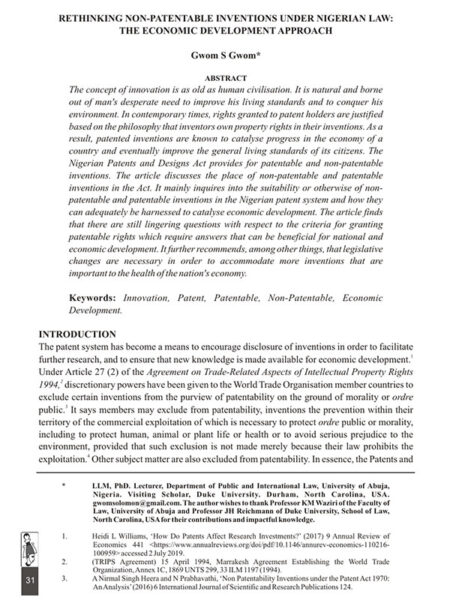 Rethinking Non-Patentable Inventions under Nigerian Law: The Economic Development Approach