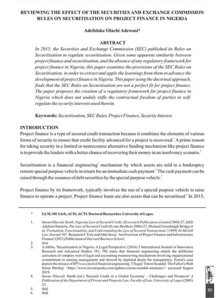 Reviewing the Effect of the Securities and Exchange Commission Rules on Securitisation on Project Finance in Nigeria