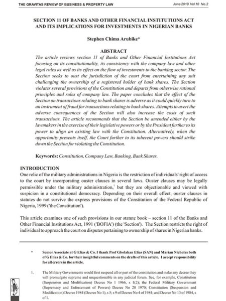 Section 11 of Banks and Other Financial Institutions Act and Its Implications for Investments in Nigerian Banks