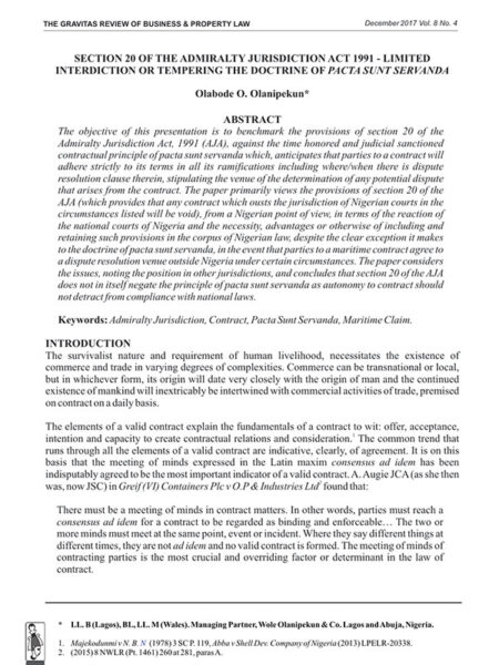 Section 20 of the Admiralty Jurisdiction Act 1991 - Limited Interdiction or Tempering the Doctrine of Pacta Sunt Servanda