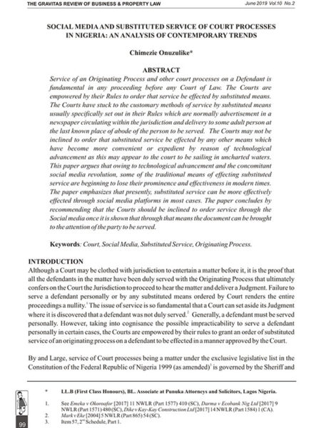 Social Media and Substituted Service of Court Processes in Nigeria: An Analysis of Contemporary Trends