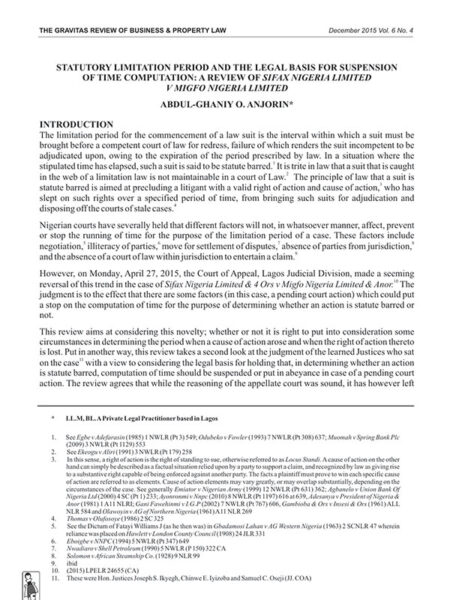 Statutory Limitation Period and the Legal Basis for Suspension of Time Computation: A Review of Sifax Nigeria Limited v. Migfo Nigeria Limited