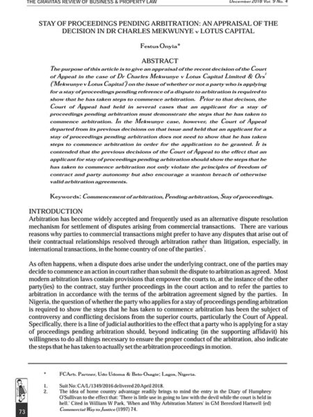 Stay of Proceedings Pending Arbitration: An Appraisal of the Decision in Dr Charles Mekwunye v Lotus Capital