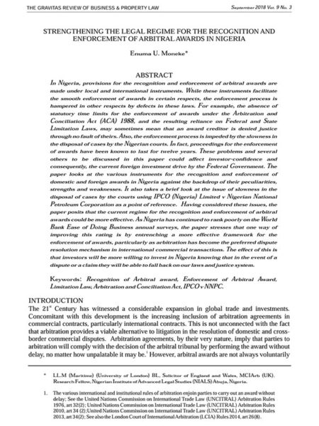 Strengthening the Legal Regime for the Recognition and Enforcement of Arbitral Awards in Nigeria