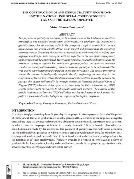 The Construction of Ambiguous Gratuity Provisions: How the National Industrial Court of Nigeria Can Save the Hapless Employee