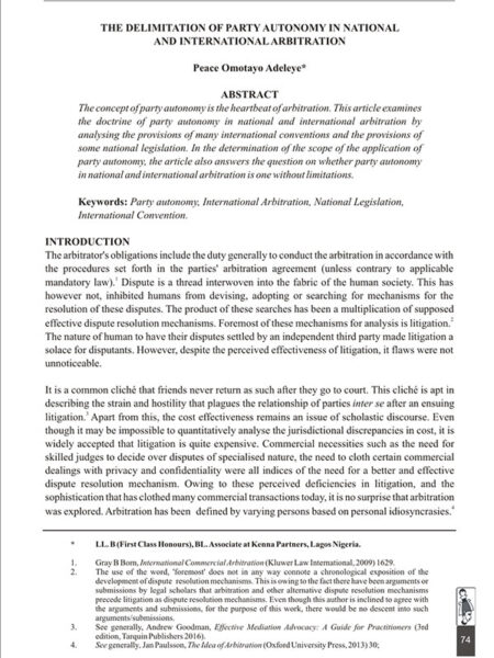 The Delimitation of Party Autonomy in National and International Arbitration