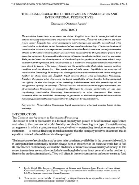 The Legal Regulation of Receivables Financing: The UK and International Perspectives