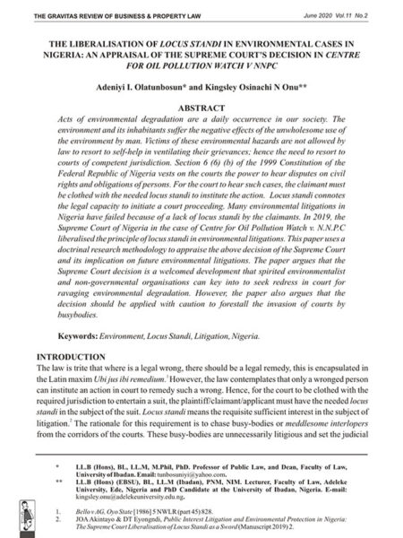 The Liberalisation of Locus Standi in Environmental Cases in Nigeria: An Appraisal of the Supreme Court's Decision in Centre for Oil Pollution Watch v NNPC