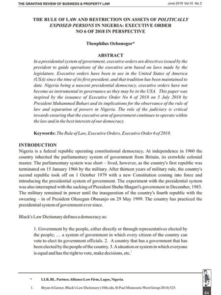 The Rule of Law and Restriction on Assets of Politically Exposed Persons in Nigeria: Executive Order No.6 of 2018 in Perspective