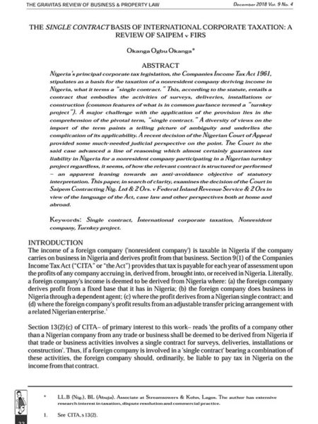 The Single Contract Basis of International Corporate Taxation: A Review of Saipem v FIRS