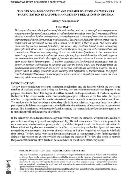 The Yellow-Dog Contract and its Implications on Workers Participation in Labour-Management Relations in Nigeria