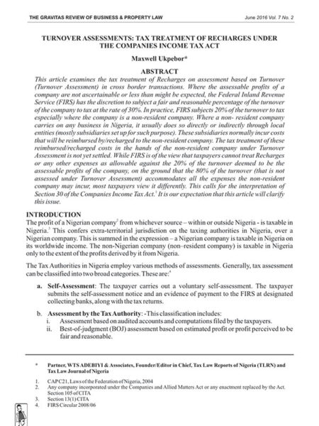 Turnover Assessments: Tax Treatment of Recharges under the Companies Income Tax Act