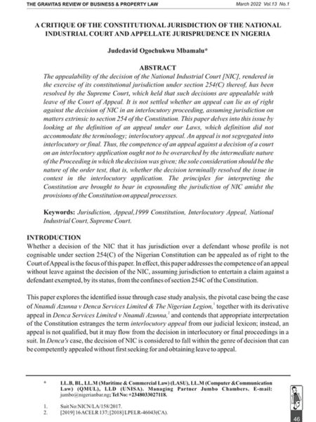 A Critique of the Constitutional Jurisdiction of the National Industrial Court and Appellate Jurisprudence in Nigeria