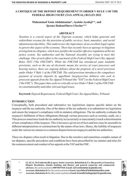 A Critique of the Deposit Requirement in Order V Rule 1 of the Federal High Court (Tax Appeal) Rules, 2022