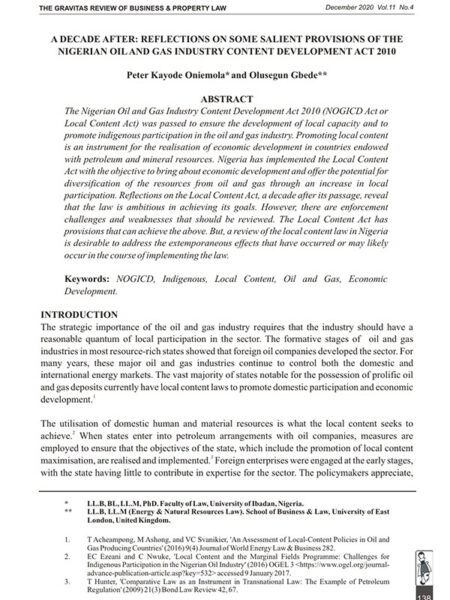 A Decade After: Reflections on Some Salient Provisions of the Nigerian Oil and Gas Industry Content Development Act 2010