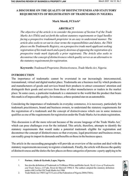 A Discourse on the Quality of Distinctiveness and Statutory Requirements of Registration of Trademarks in Nigeria