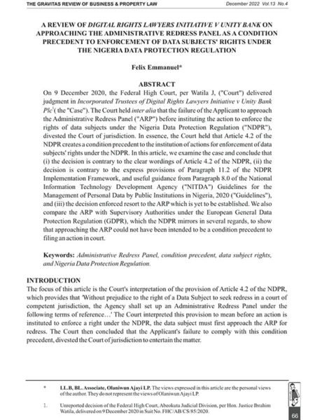 A Review of Digital Rights Lawyers Initiative V Unity Bank on Approaching the Administrative Redress Panel as a Condition Precedent to an Action Under the Nigeria Data Protection Regulation