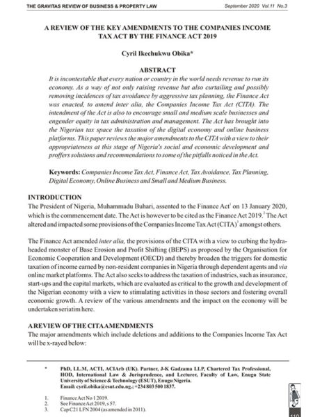 A Review of the Key Amendments to the Companies Income Tax Act by The Finance Act 2019