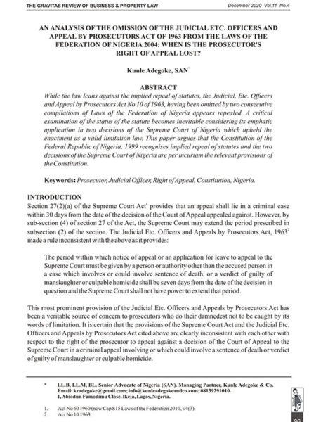 An Analysis of the Omission of the Judicial Etc. Officers and Appeal by Prosecutors Act of 1963 from the LFN 2004: When is the Prosecutor’s Right of Appeal Lost?