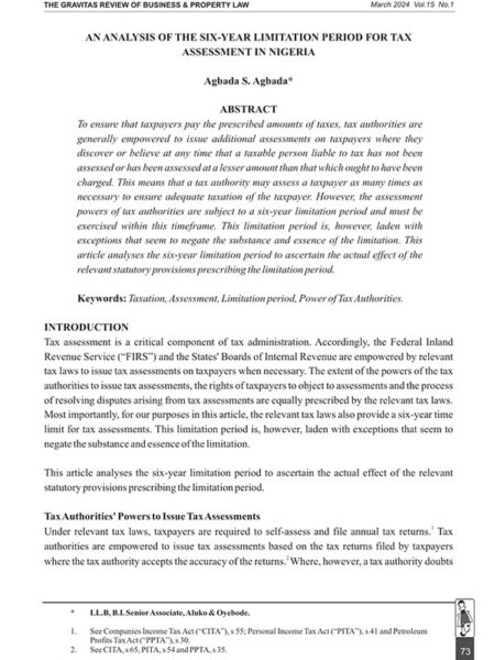 An Analysis of the Six-year Limitation Period for Tax Assessment in Nigeria