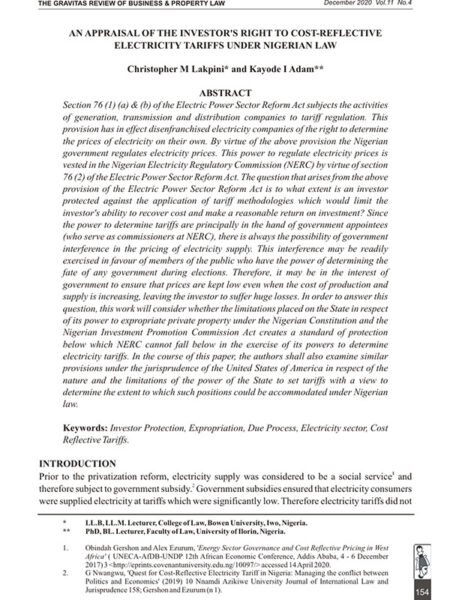 An Appraisal of the Investor’s Right to Cost-Reflective Electricity Tariffs Under Nigerian Law