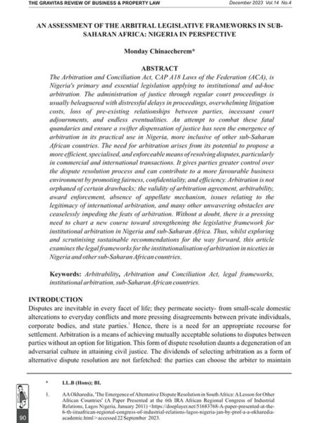 An Assessment of the Arbitral Legislative Frameworks in Sub-Saharan Africa: Nigeria in Perspective