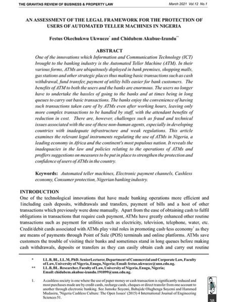 An Assessment of the Legal Framework for the Protection of Users of Automated Teller Machines in Nigeria