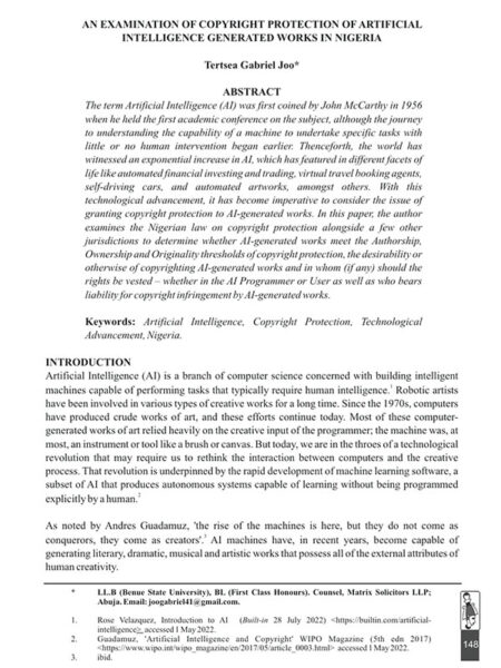 An Examination of Copyright Protection of Artificial Intelligence Generated Works in Nigeria