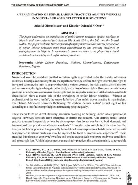 An Examination of Unfair Labour Practices Against Workers in Nigeria and Some Selected Jurisdictions