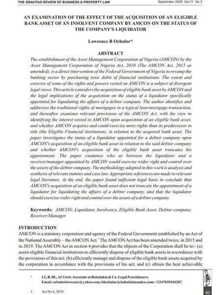 An Examination of the Effect of the Acquisition of An Eligible Bank Asset of an Insolvent Company by AMCON on the Status of the Company's Liquidator