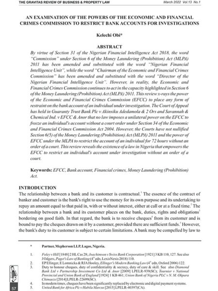 An Examination of the Powers of the Economic and Financial Crimes Commission to Restrict Bank Accounts for Investigations