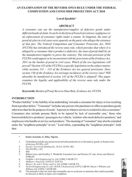 An Examination of The Reverse Onus Rule Under the Federal Competition and Consumer Protection Act 2018