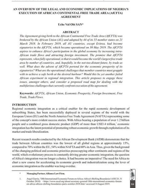 An Overview of the Legal and Economic Implications of Nigeria's Execution of the African Continental Free Trade Area (AfCFTA) Agreement