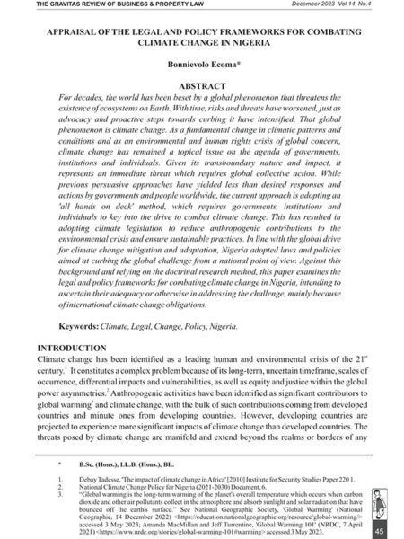 Appraisal of the Legal and Policy Frameworks for Combating Climate Change in Nigeria