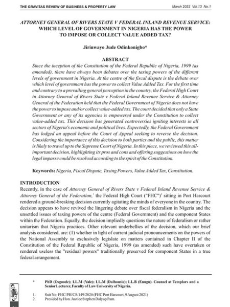 Attorney General of Rivers State v Federal Inland Revenue Service: Which Level of Government in Nigeria Has the Power to Impose or Collect Value Added Tax?