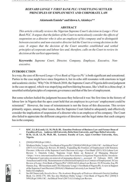 Bernard Longe v First Bank Plc: Unsettling Settled Principles of Employment and Corporate Law