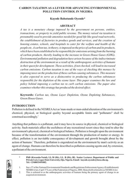 Carbon Taxation as a Lever for Advancing Environmental Pollution Control in Nigeria