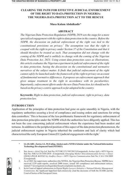 Clearing the Path for Effective Judicial Enforcement of the Right to Data Protection in Nigeria: The Nigeria Data Protection Act to the Rescue