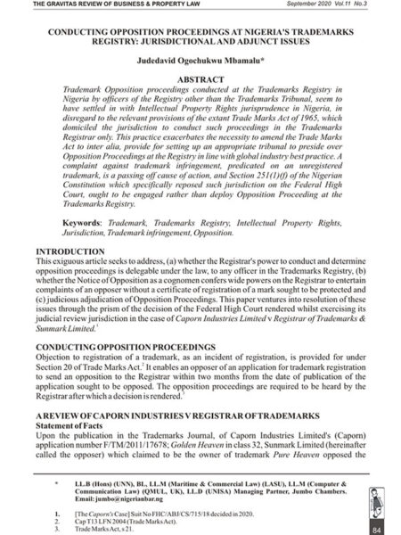 Conducting Opposition Proceedings at Nigeria's Trademark Registry: Jurisdictional and Adjunct Issues