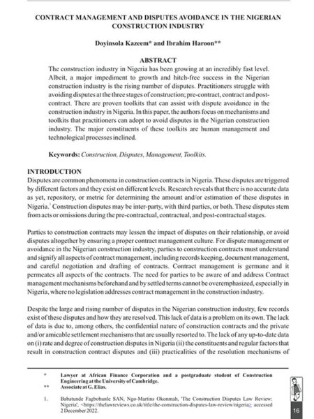 Contract Management and Disputes Avoidance in the Nigerian Construction Industry