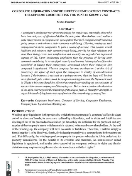 Corporate Liquidation and the Effect on Employment Contracts: The Supreme Court Setting the Tone in Gbedu v Itie