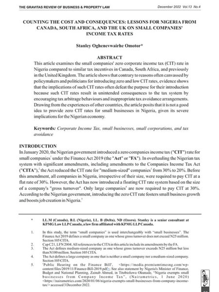 Counting the Cost and Consequences: Lessons for Nigeria from Canada, South Africa, and the UK, on Small Companies’ Income Tax Rates
