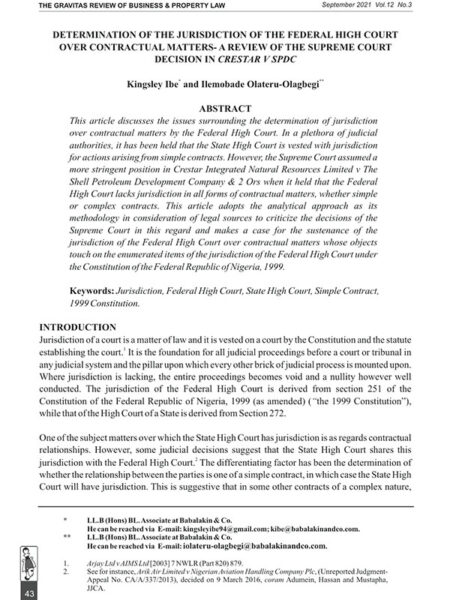 Determination of the Jurisdiction of the Federal High Court Over Contractual Matters- A Review of the Supreme Court Decision in Crestar V SPDC