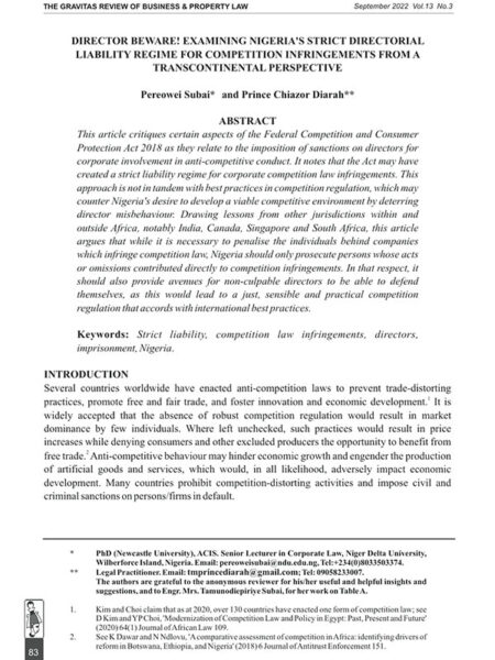 Director Beware! Examining Nigeria’s Strict Directorial Liability Regime for Competition Infringements from a Transcontinental Perspective