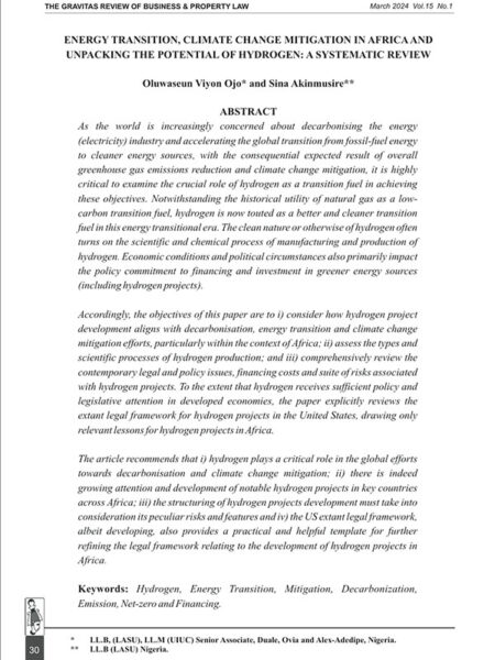 Energy Transition, Climate Change Mitigation in Africa and Unpacking the Potential of Hydrogen: A Systematic Review