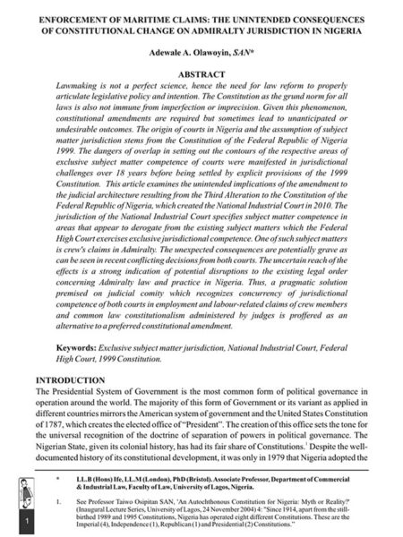 Enforcement of Maritime Claims: The Unintended Consequences of Constitutional Change on Admiralty Jurisdiction in Nigeria