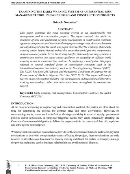 Examining the Early Warning System as an Essential Risk Management Tool in Engineering and Construction Projects