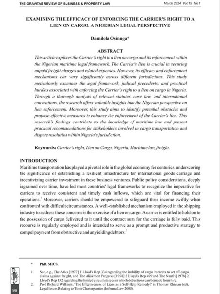 Examining the Efficacy of Enforcing the Carrier's Right to a Lien on Cargo: A Nigerian Legal Perspective