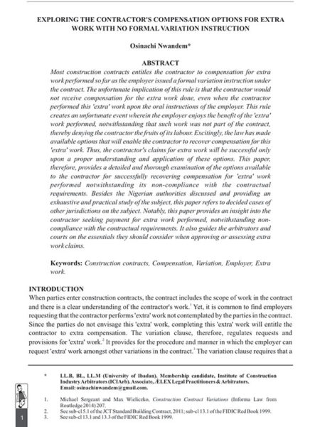 Exploring the Contractor’s Compensation Options for Extra Work with no Formal Variation Instruction