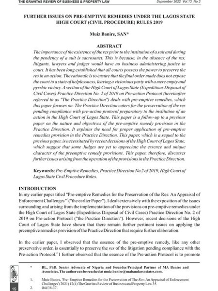 Further Issues on Pre-Emptive Remedies Under the Lagos State High Court (Civil Procedure) Rules 2019